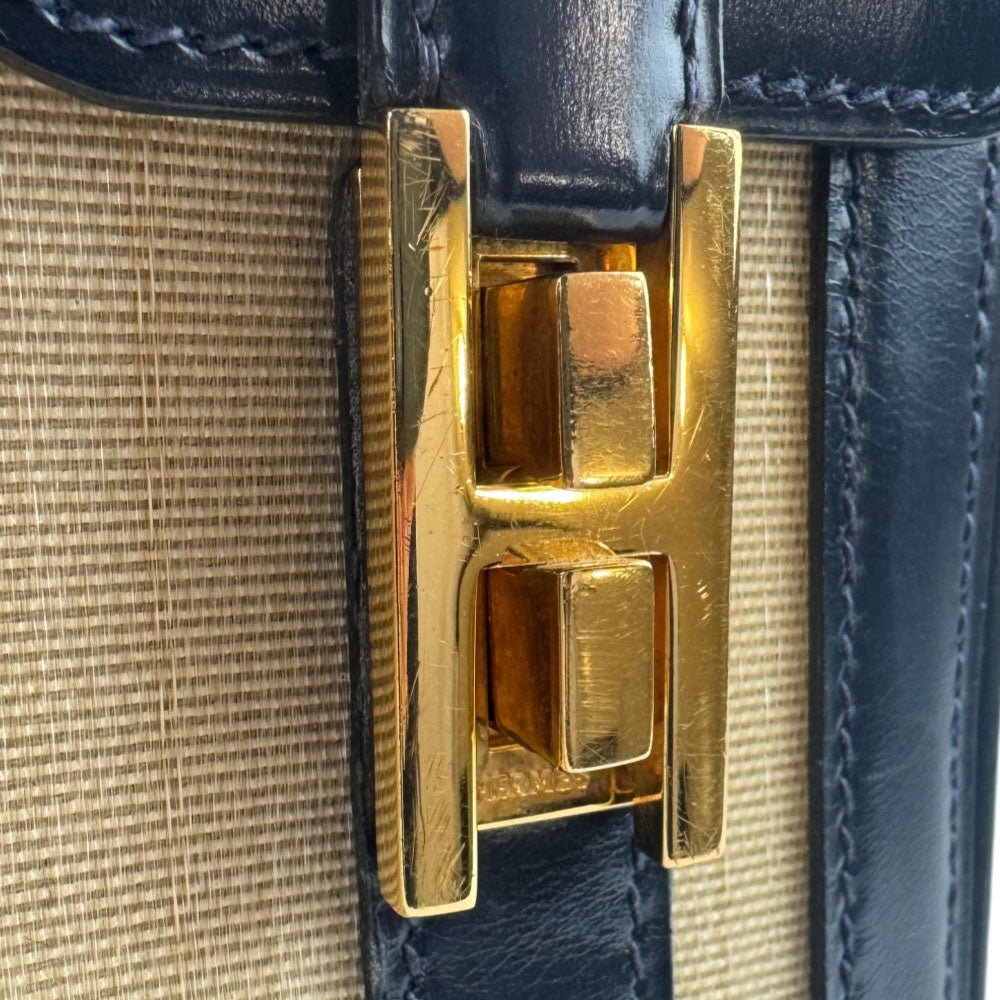 HERMES Drag Navy/Beige Horsehair Handbag LHQ2459