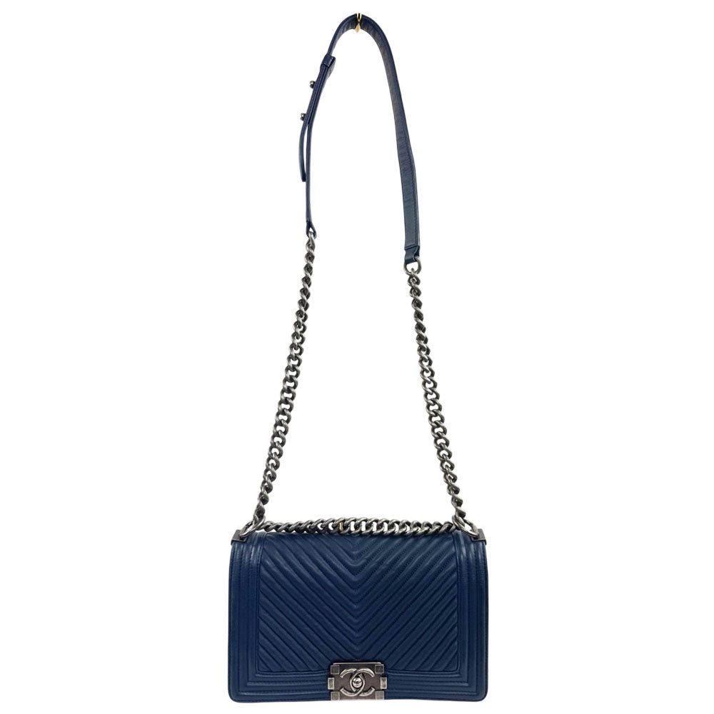 CHANEL Medium Boy Chevron Navy Blue Leather Shoulder Bag LHQ2460