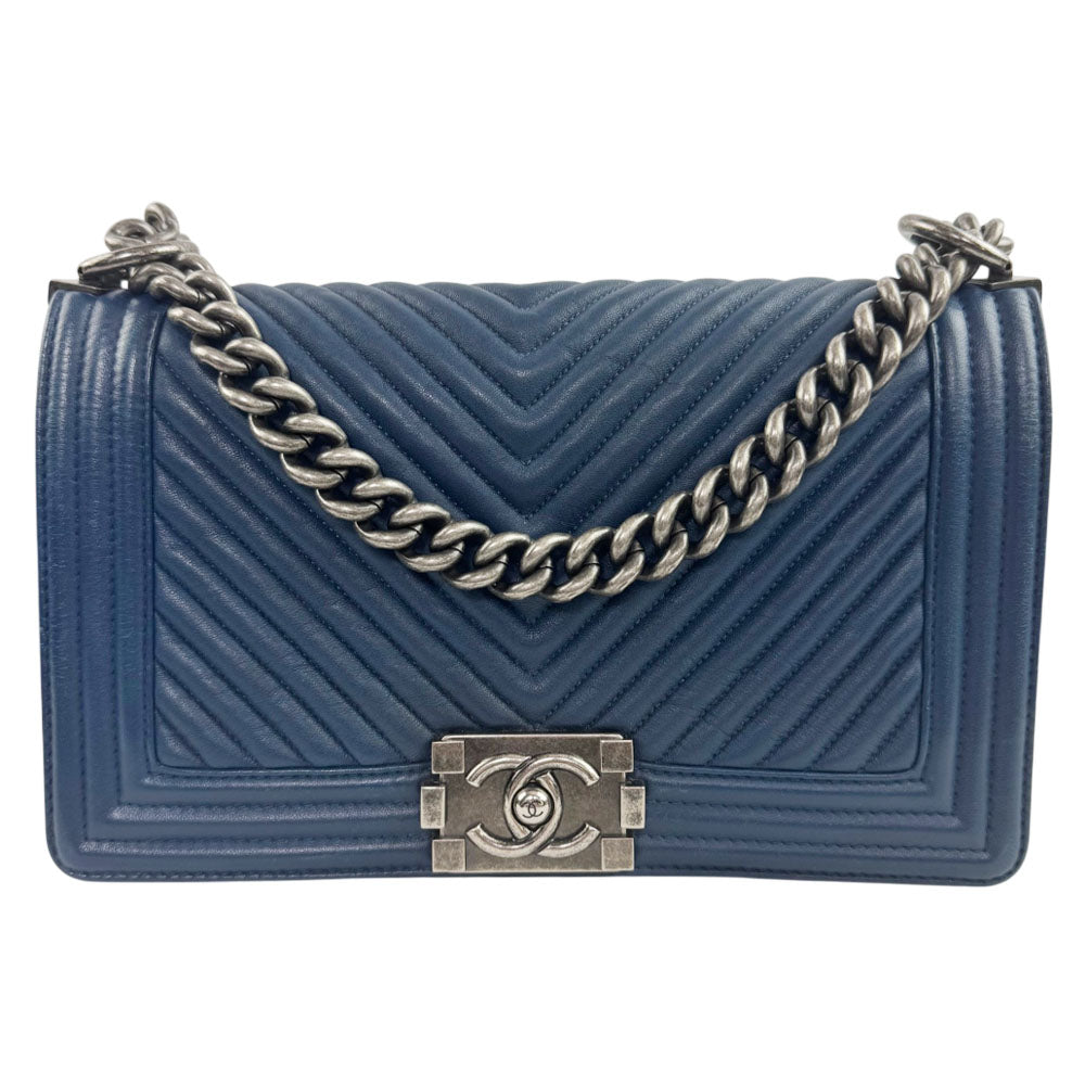 CHANEL Medium Boy Chevron Navy Blue Leather Shoulder Bag LHQ2460