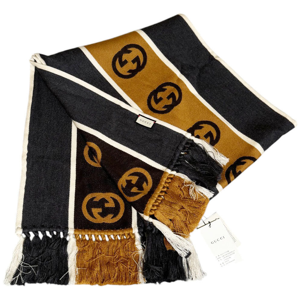 GUCCI GG Black/Brown Wool Scarf LHQ392