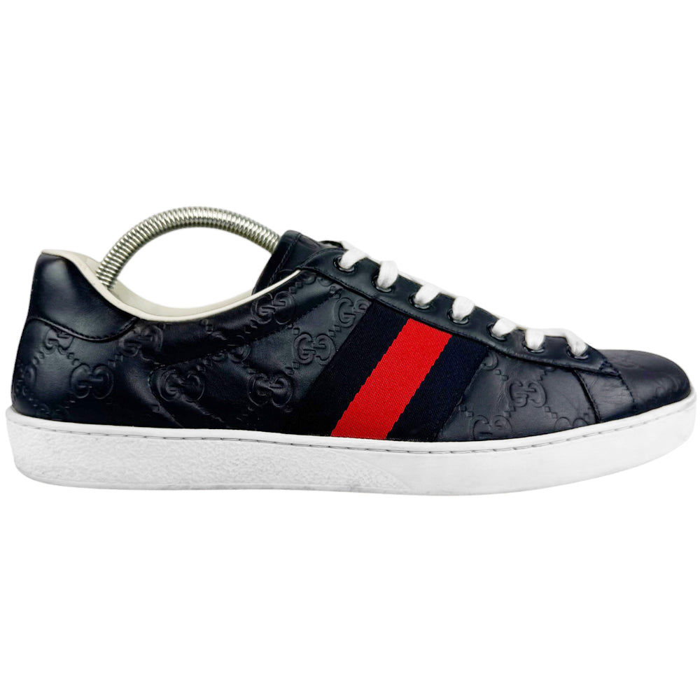 GUCCI Ace Navy Leather GG Guccissima Trainers Size 9 UK LHQ516