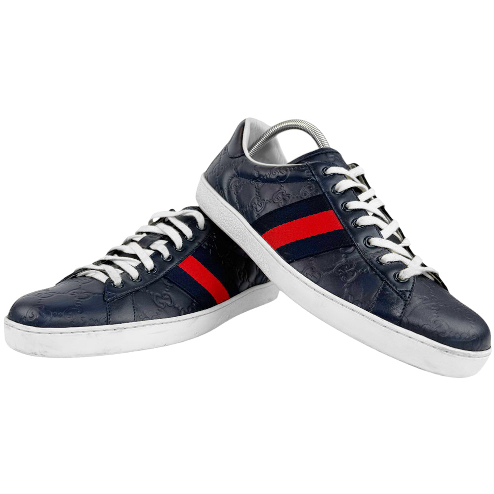 GUCCI Ace Navy Leather GG Guccissima Trainers Size 9 UK LHQ516
