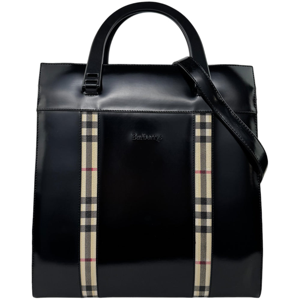 BURBERRY Nova Check Black Patent Leather 2 Way Handbag Shoulder Bag LHQ555