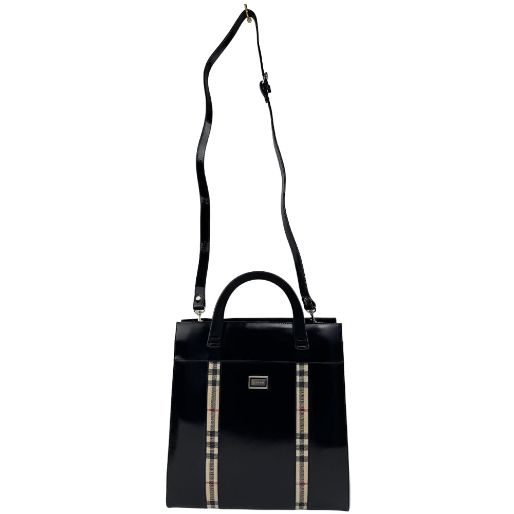 BURBERRY Nova Check Black Patent Leather 2 Way Handbag Shoulder Bag LHQ555