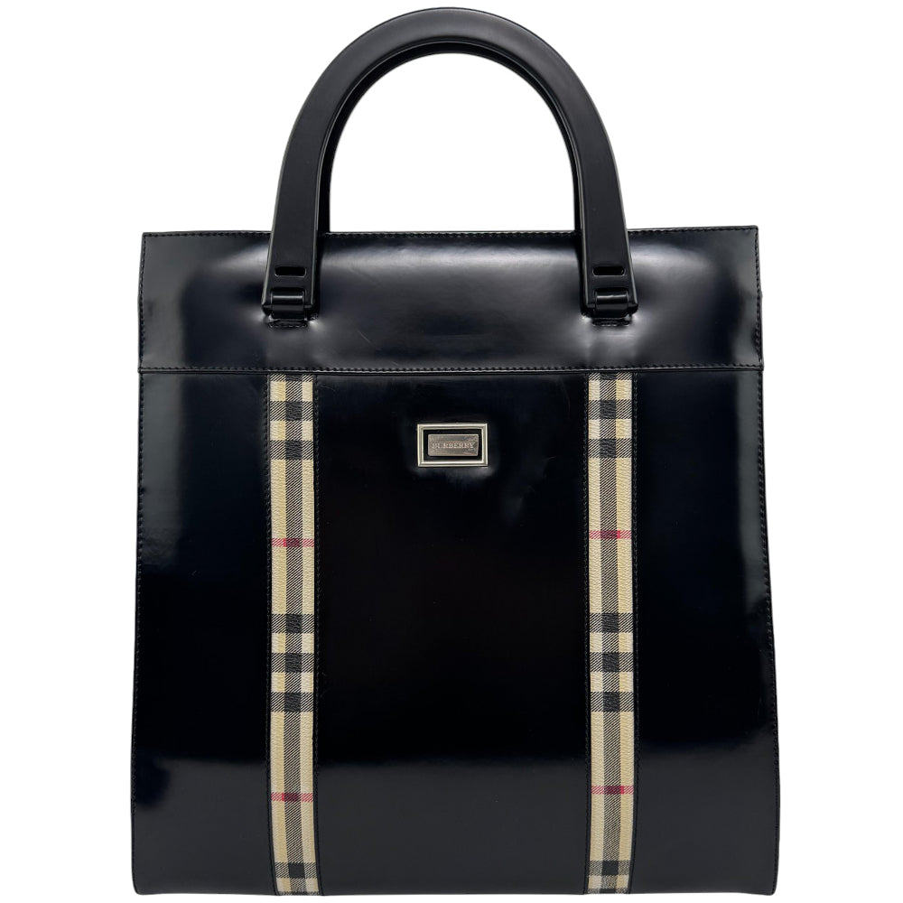 BURBERRY Nova Check Black Patent Leather 2 Way Handbag Shoulder Bag LHQ555