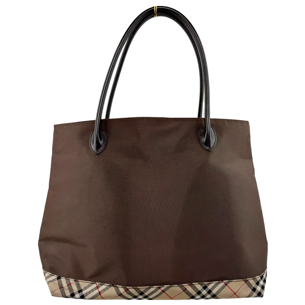 BURBERRY Brown Leather & Fabric Tote Shoulder Bag LHQ559