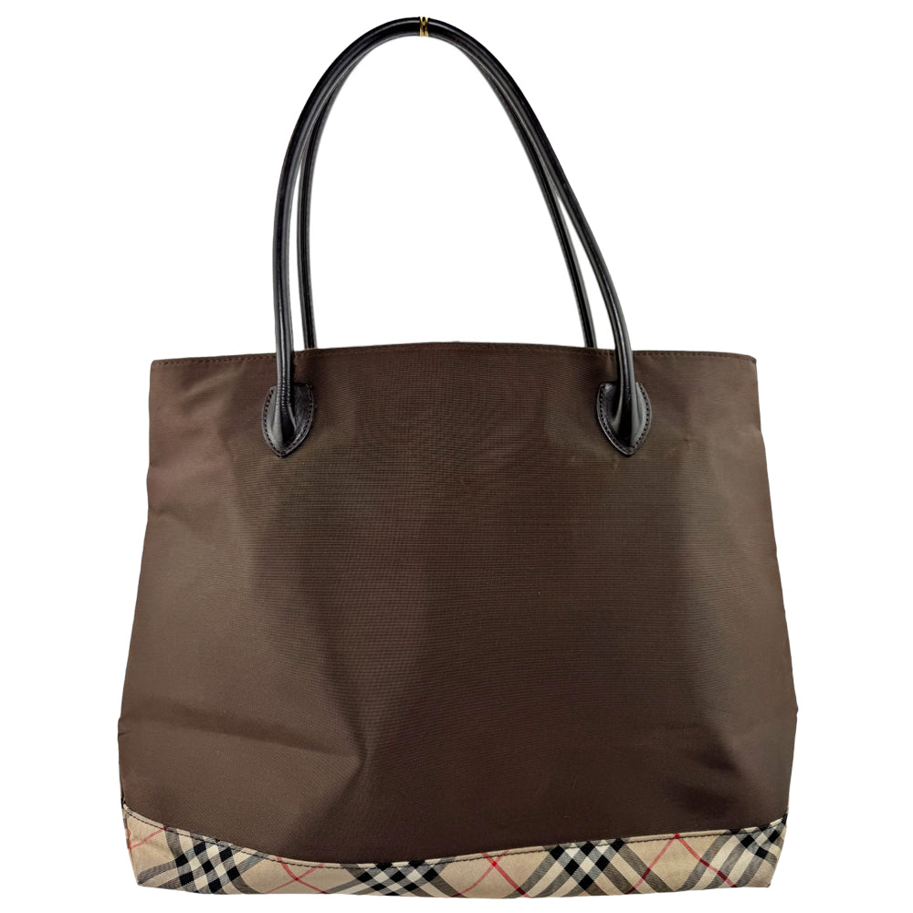 BURBERRY Brown Leather & Fabric Tote Shoulder Bag LHQ559