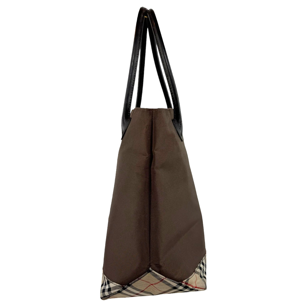 BURBERRY Brown Leather & Fabric Tote Shoulder Bag LHQ559