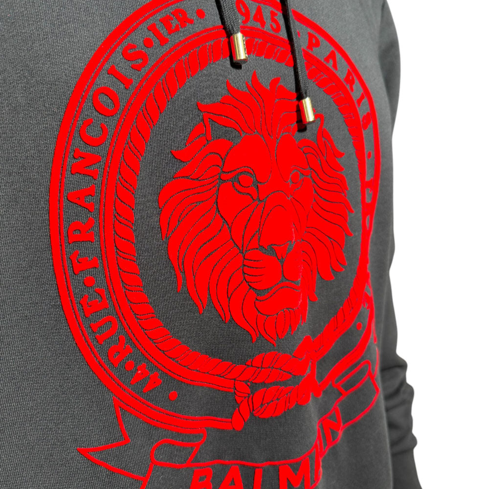 BALMAIN Navy Flocked Lion Pullover Hoodie Size M LHQ650