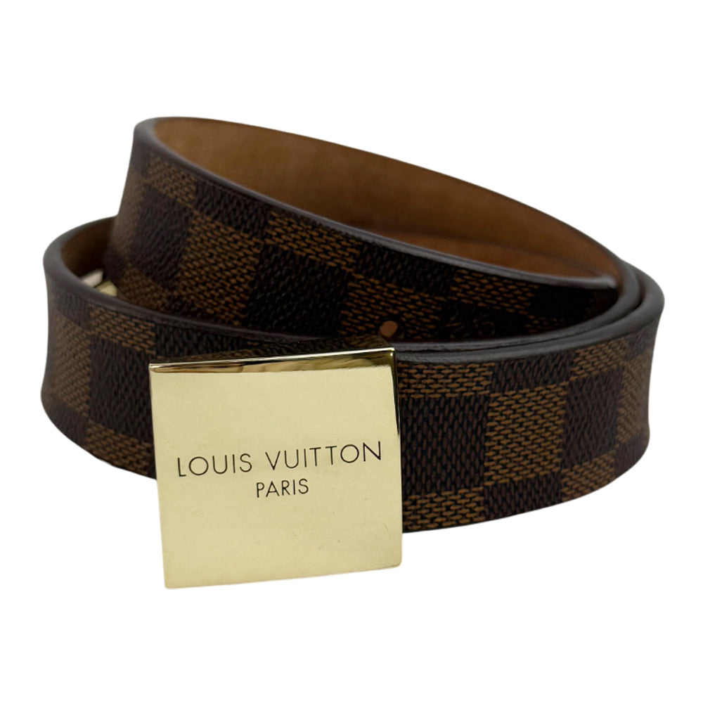 LOUIS VUITTON Damier Ebene Saint Tulle Gold Buckle Belt Size 34" LHQ790