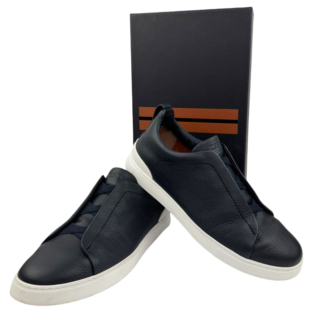 ZEGNA Navy Leather Triple Stitch Trainers Size 8 UK LHQ839