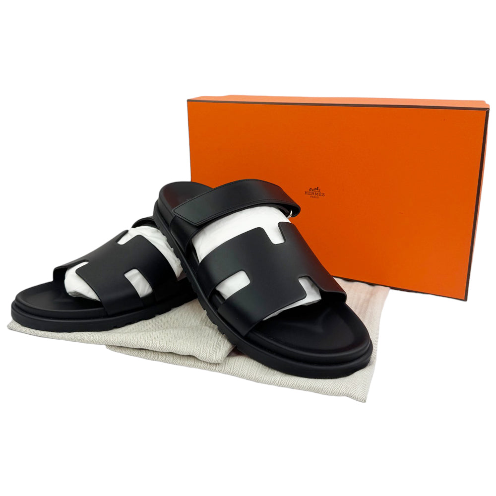 HERMES Chypre Black Leather Sandals Size UK LHQ840