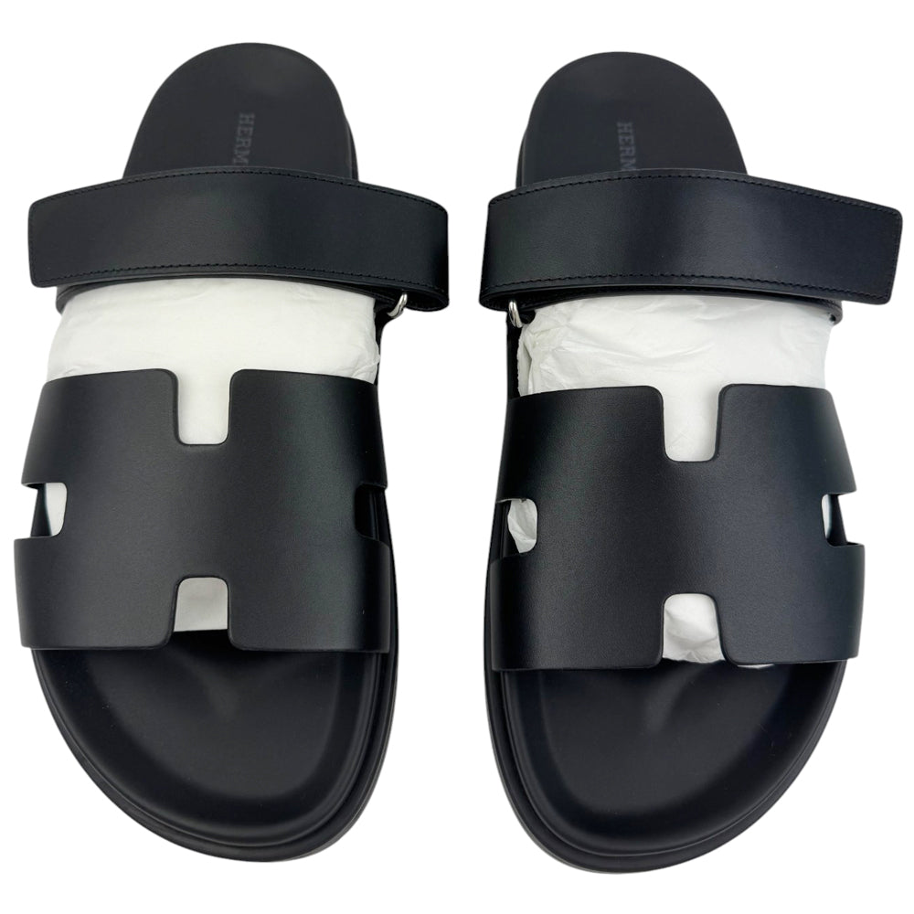 HERMES Chypre Black Leather Sandals Size UK LHQ840
