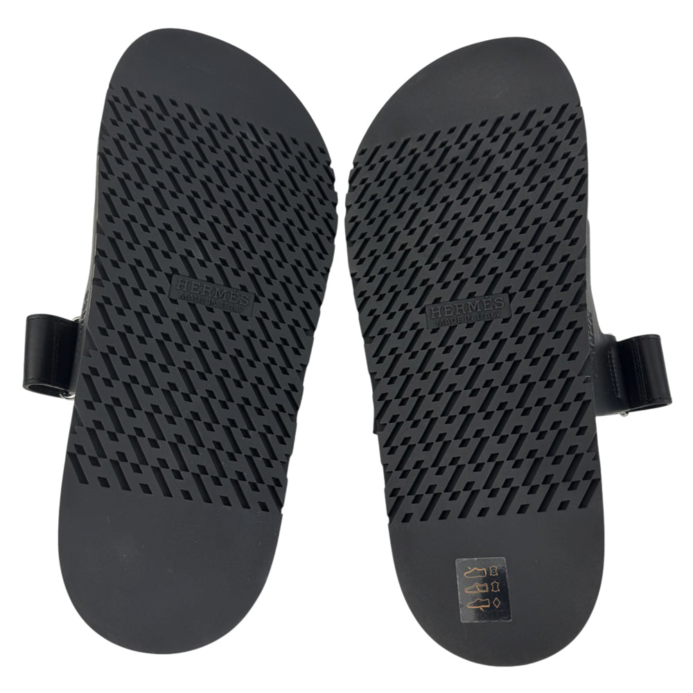 HERMES Chypre Black Leather Sandals Size UK LHQ840