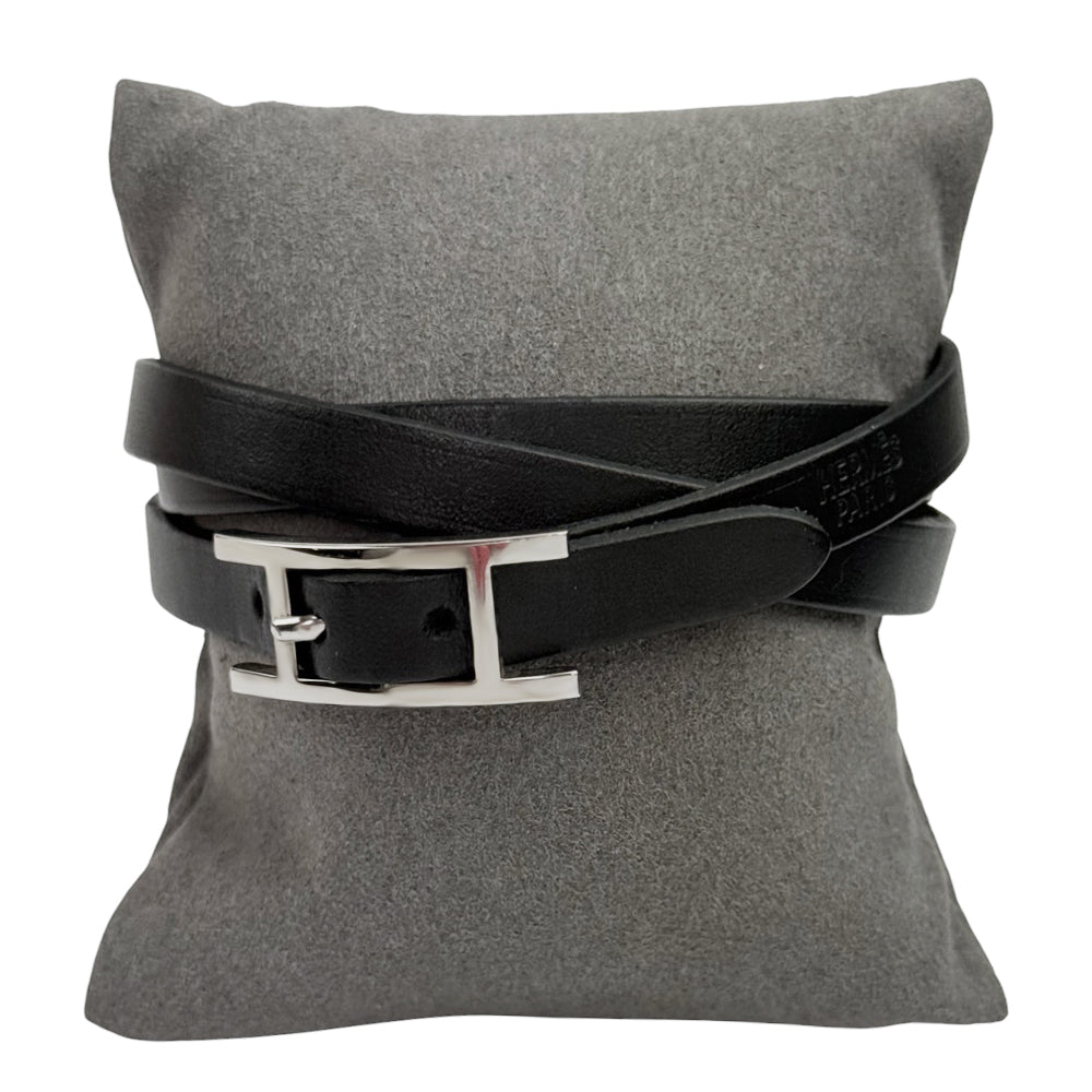 HERMES H Api Black Leather Wrap Around Bracelet LHQ866