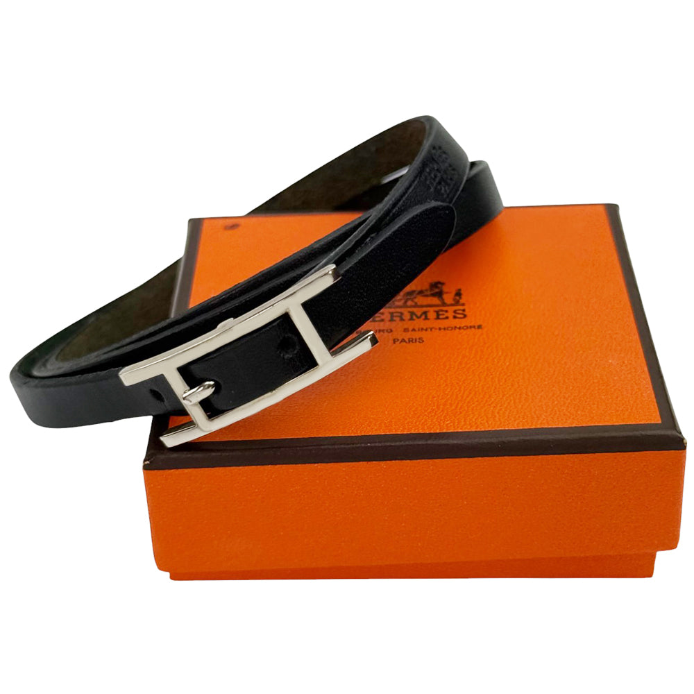 HERMES H Api Black Leather Wrap Around Bracelet LHQ866