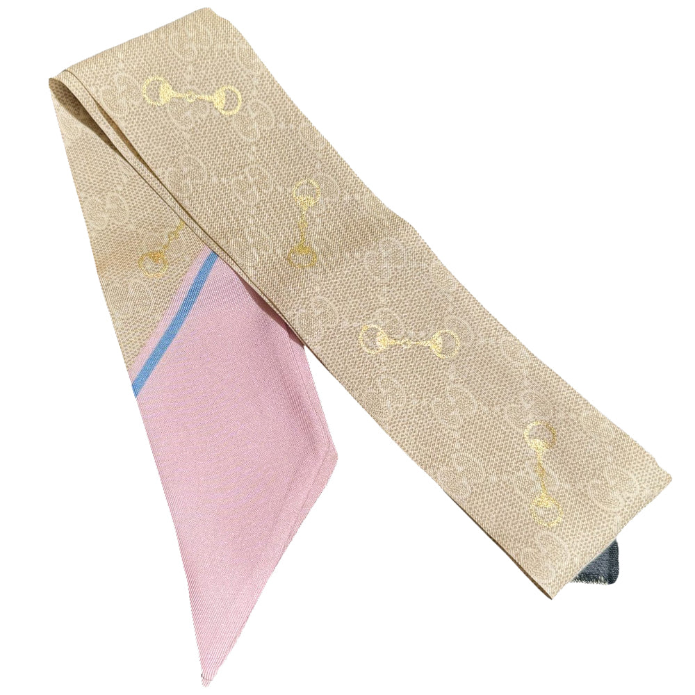 GUCCI Beige Horsebit & GG Pattern Twilly Scarf LHQ915