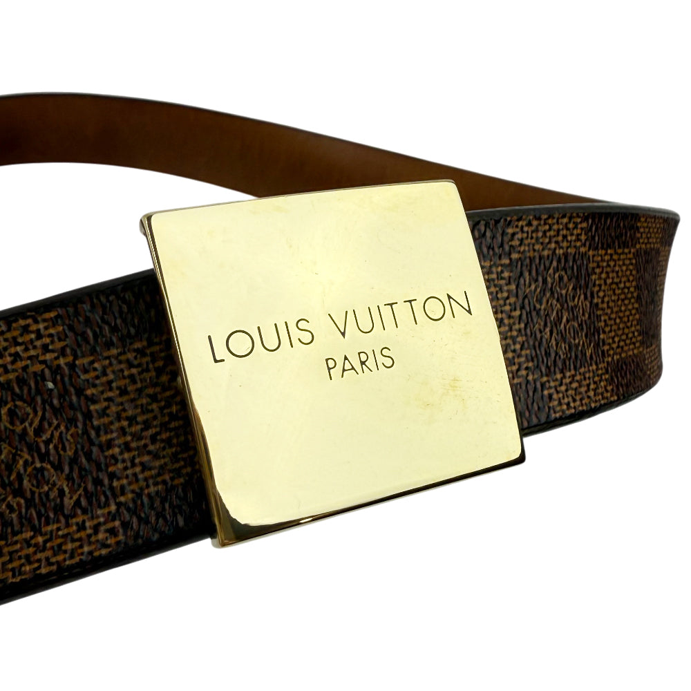 LOUIS VUITTON Damier Ebene Santur Carre Gold Buckle Belt Size 32" LHQ973