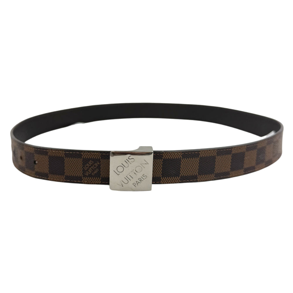LOUIS VUITTON Damier Ebene Santur Carre Silver Buckle Belt Size 36" LHQ978