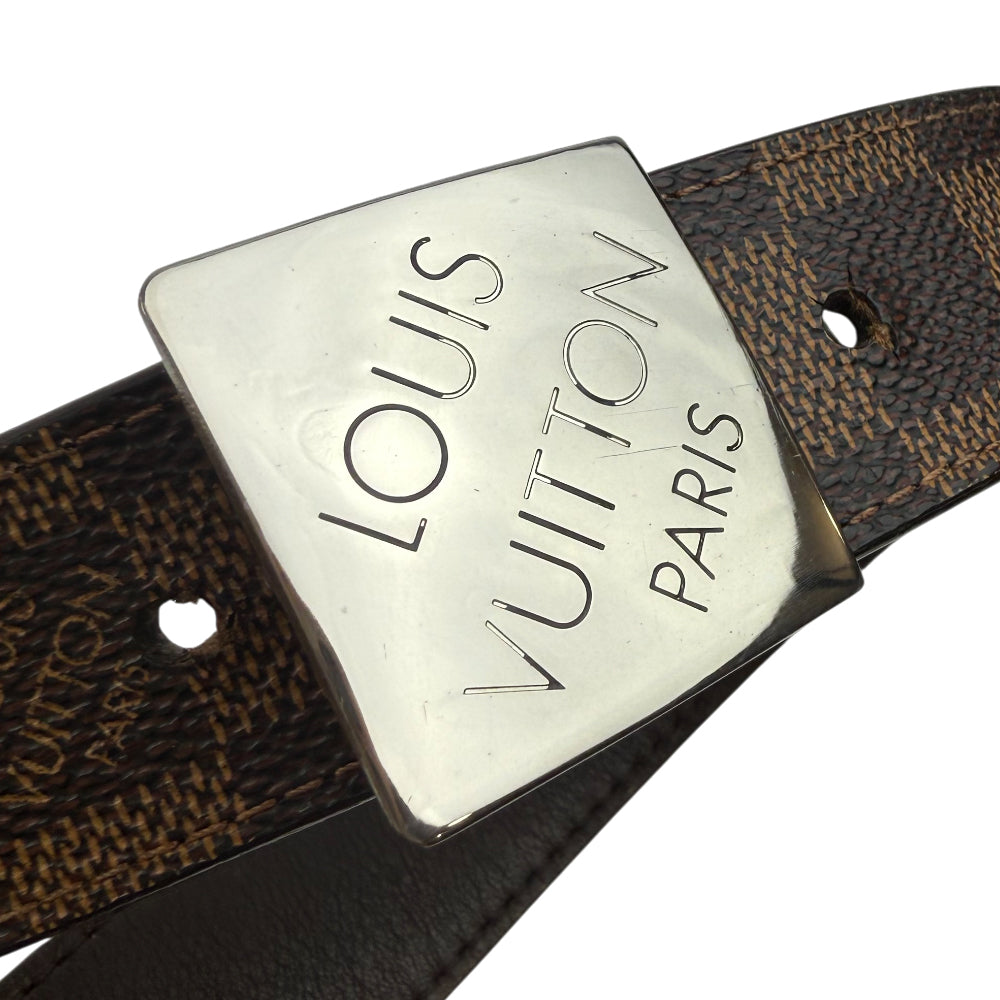 LOUIS VUITTON Damier Ebene Santur Carre Silver Buckle Belt Size 36" LHQ978