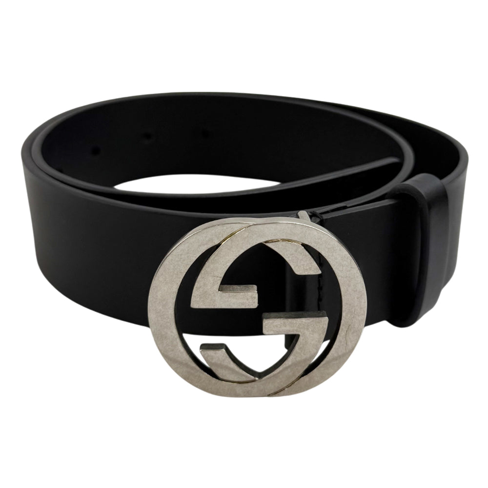 GUCCI Interlocking GG Black Leather Silver Buckle Belt Size 30" LHQ995