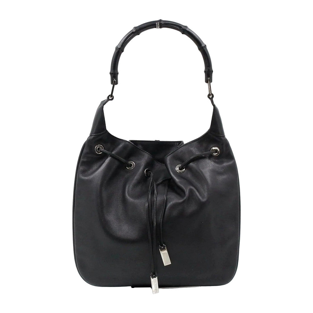 GUCCI Black Leather Bamboo Drawstring Shoulder Bag LHQ2386