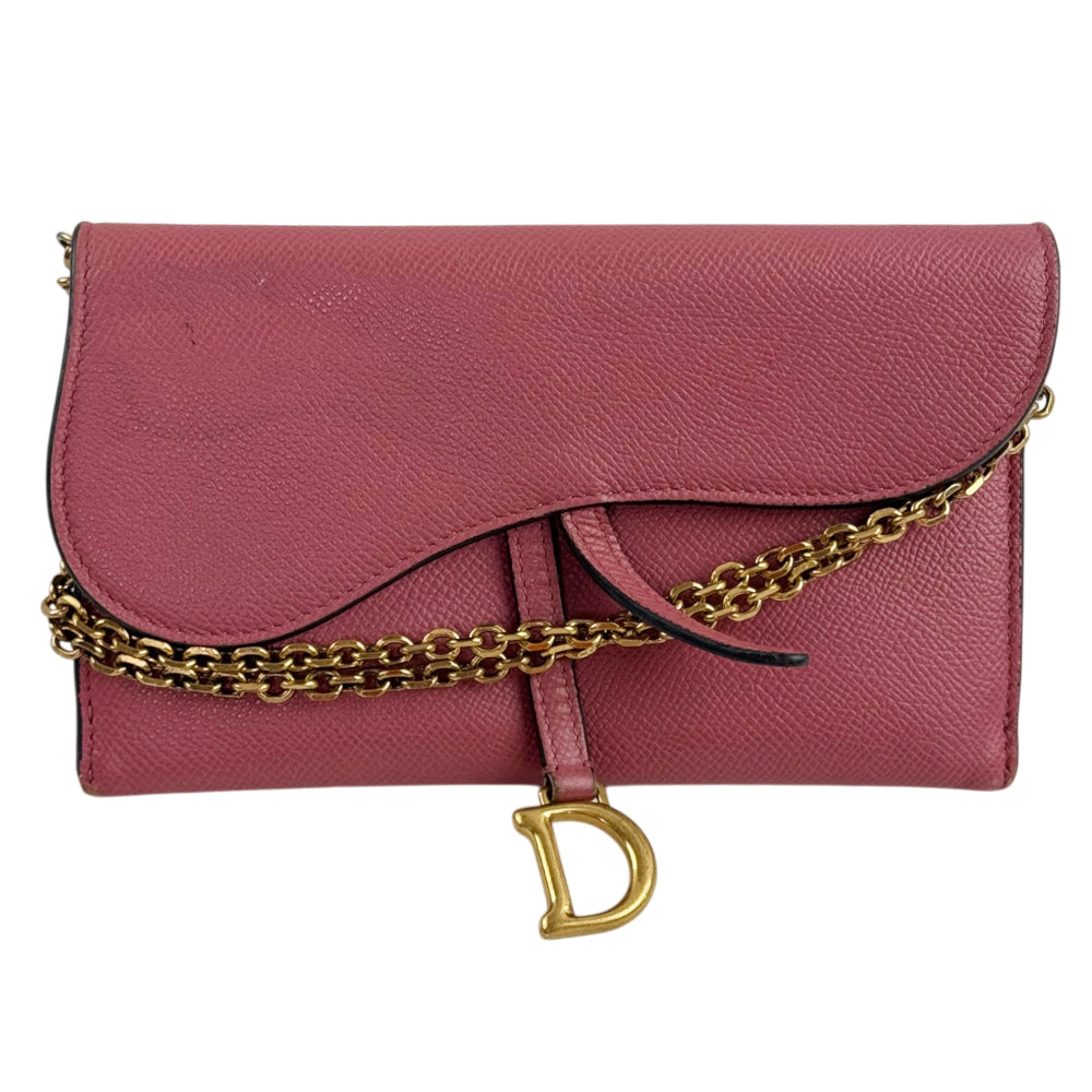 CHRISTIAN DIOR Pink Leather Saddle Wallet On Chain LHQ2366