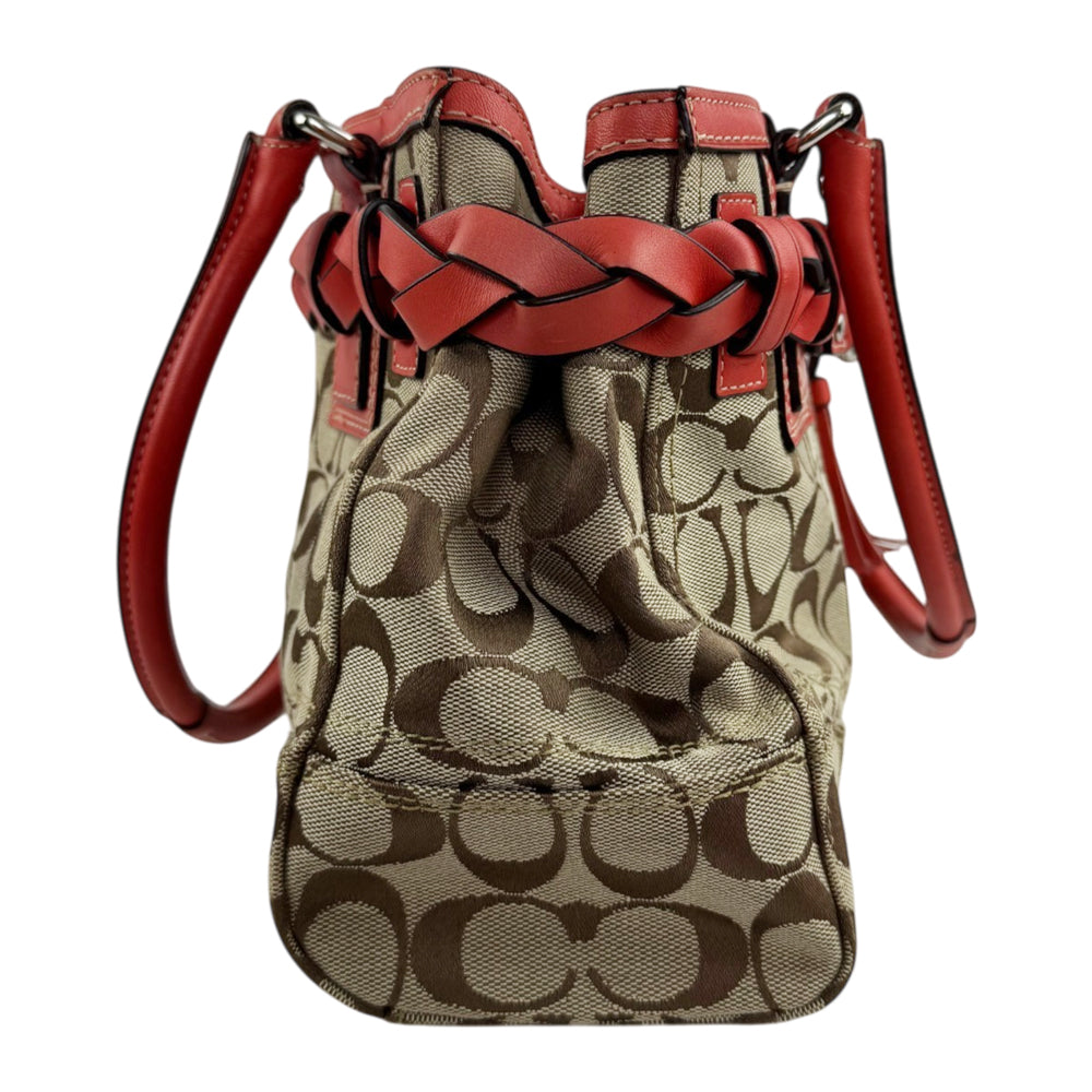 COACH Hampton Signature Brown/Red Canvas and Leather Shoulder Hand Bag LHQ2370