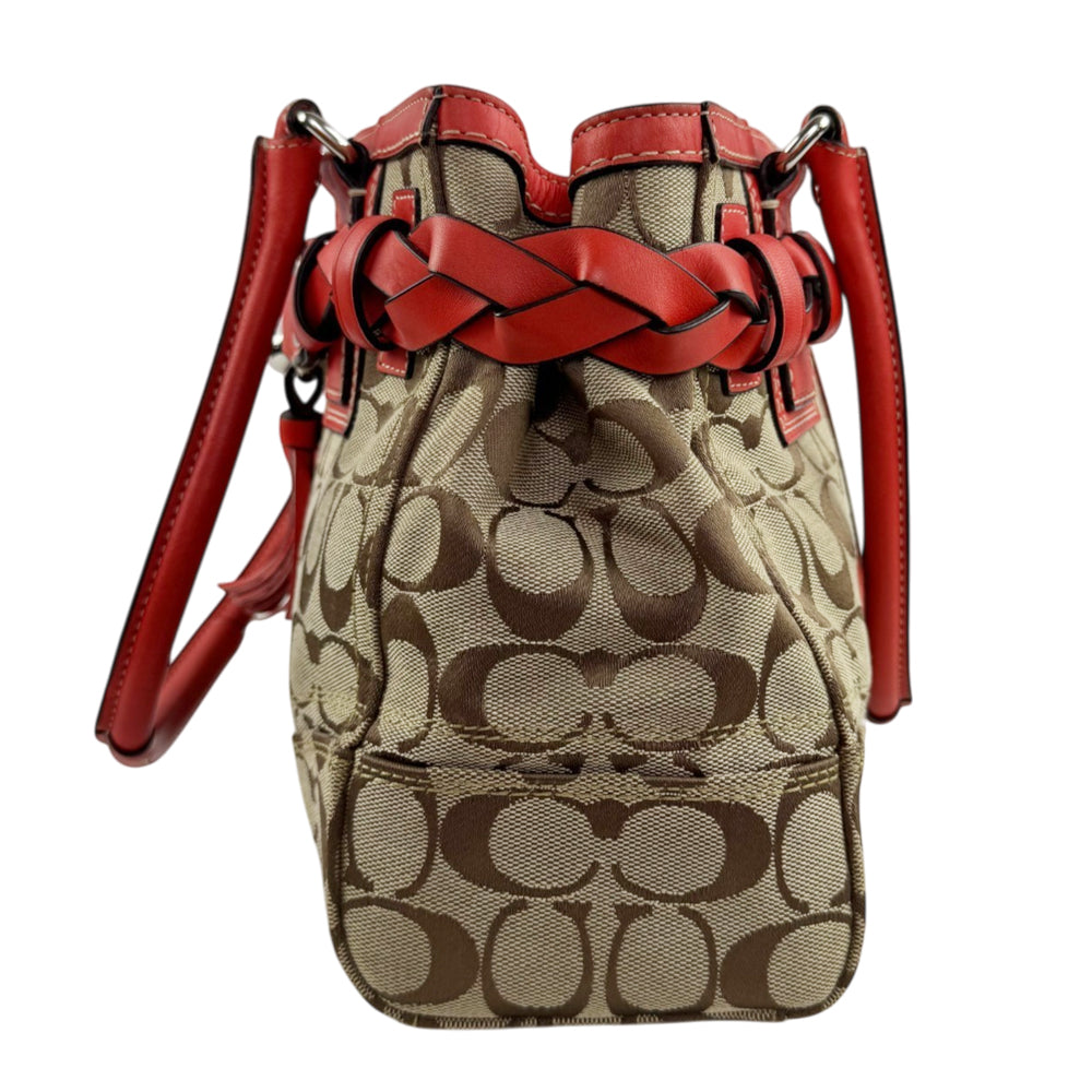 COACH Hampton Signature Brown/Red Canvas and Leather Shoulder Hand Bag LHQ2370