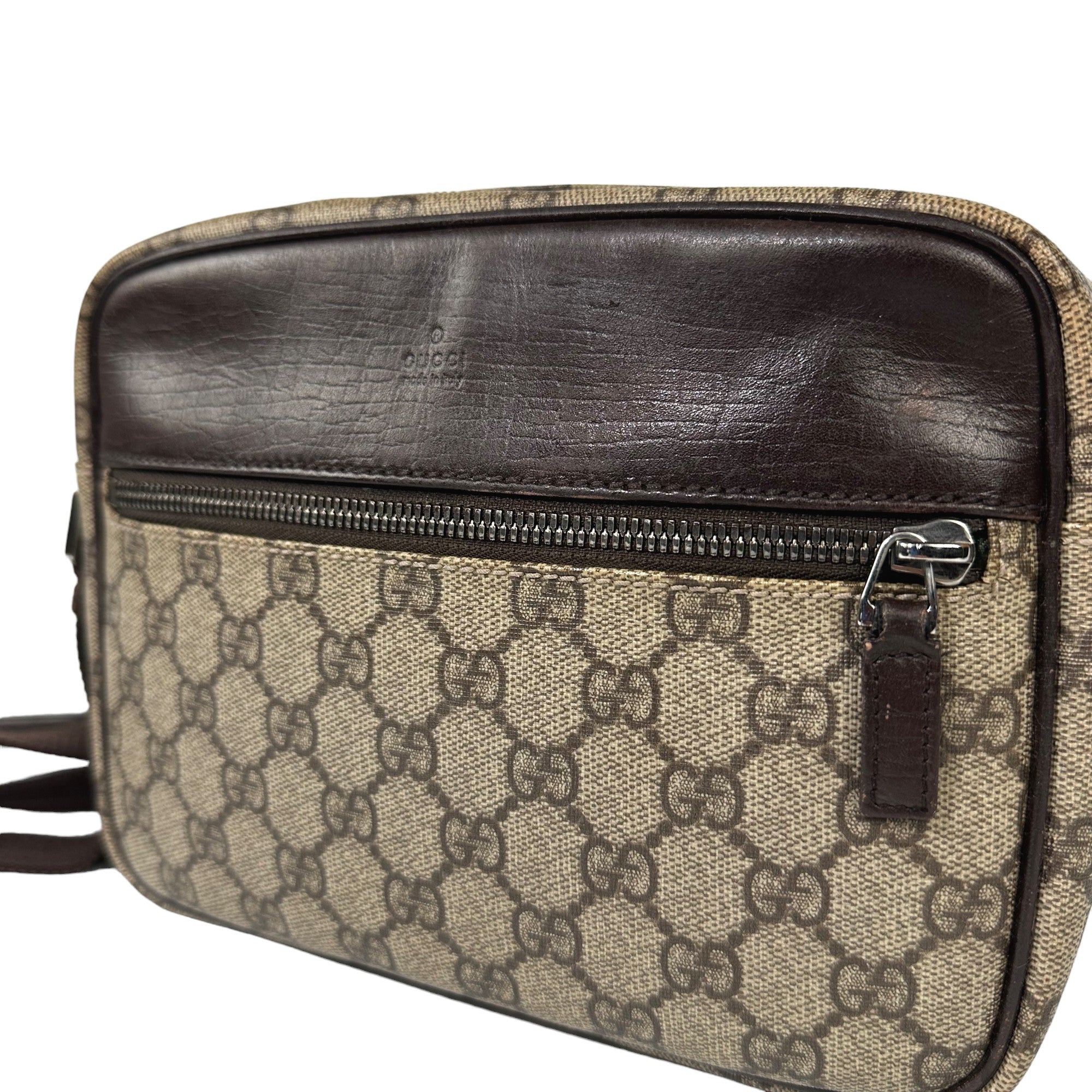 GUCCI GG Supreme Borsa a tracolla in PVC marrone e pelle marrone LHQ08