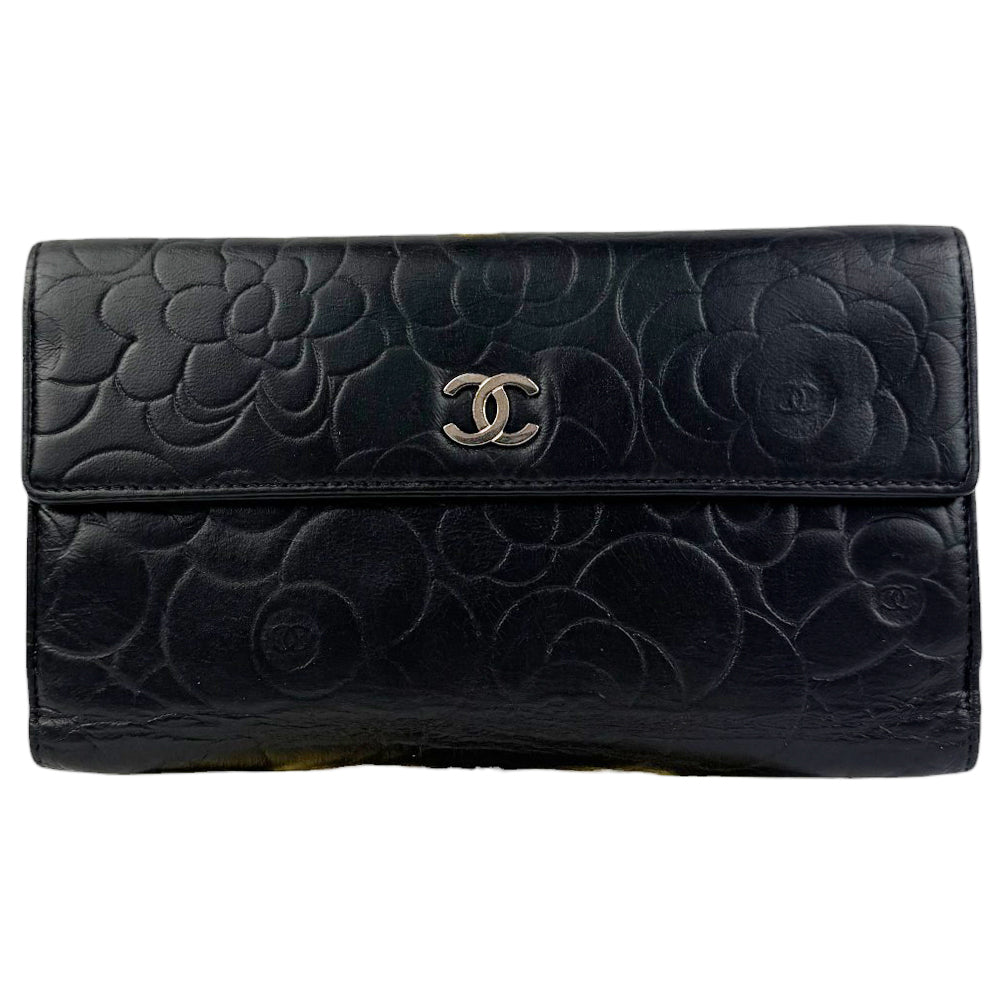 CHANEL Floral Black Leather Long Wallet Purse LHQ09
