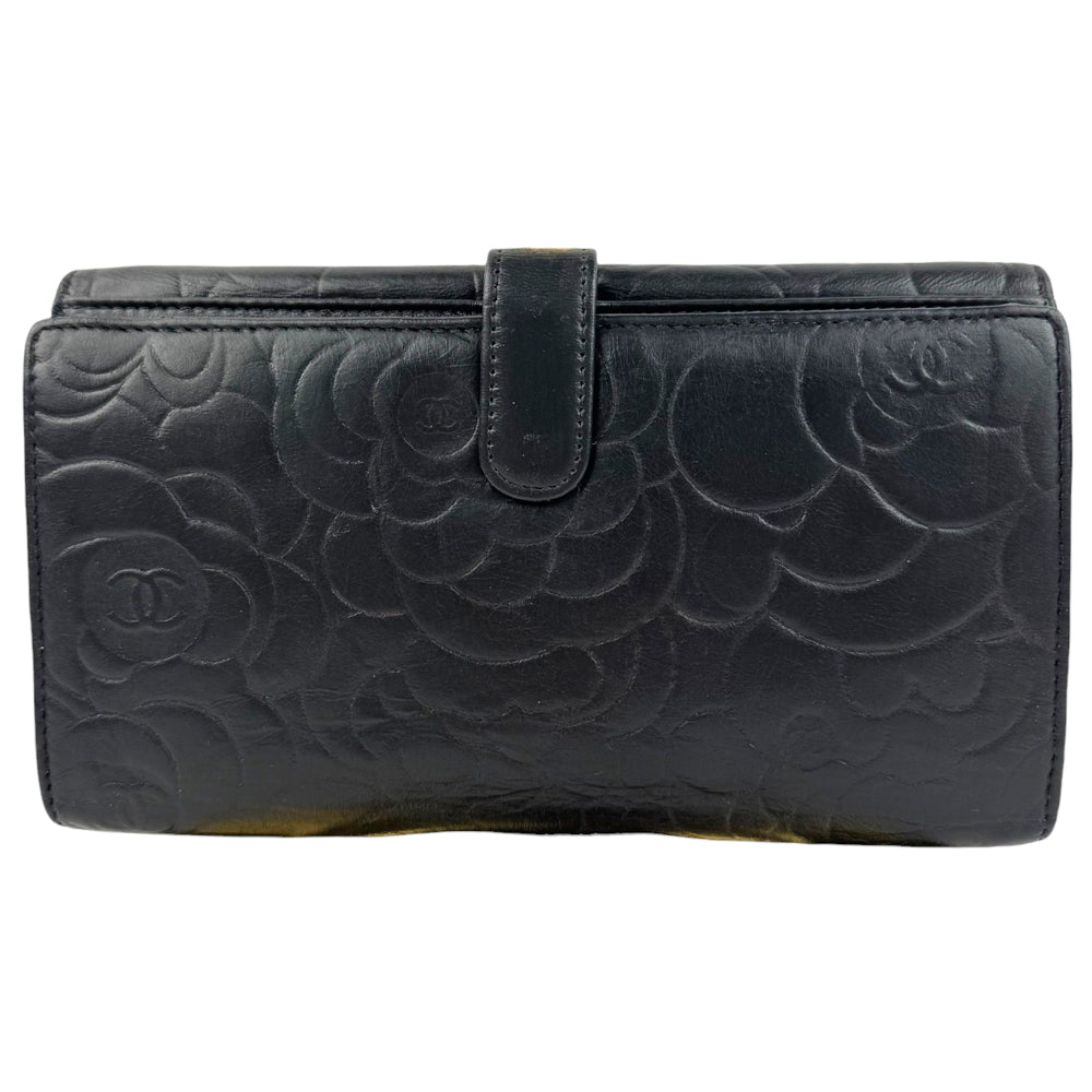 CHANEL Floral Black Leather Long Wallet Purse LHQ09