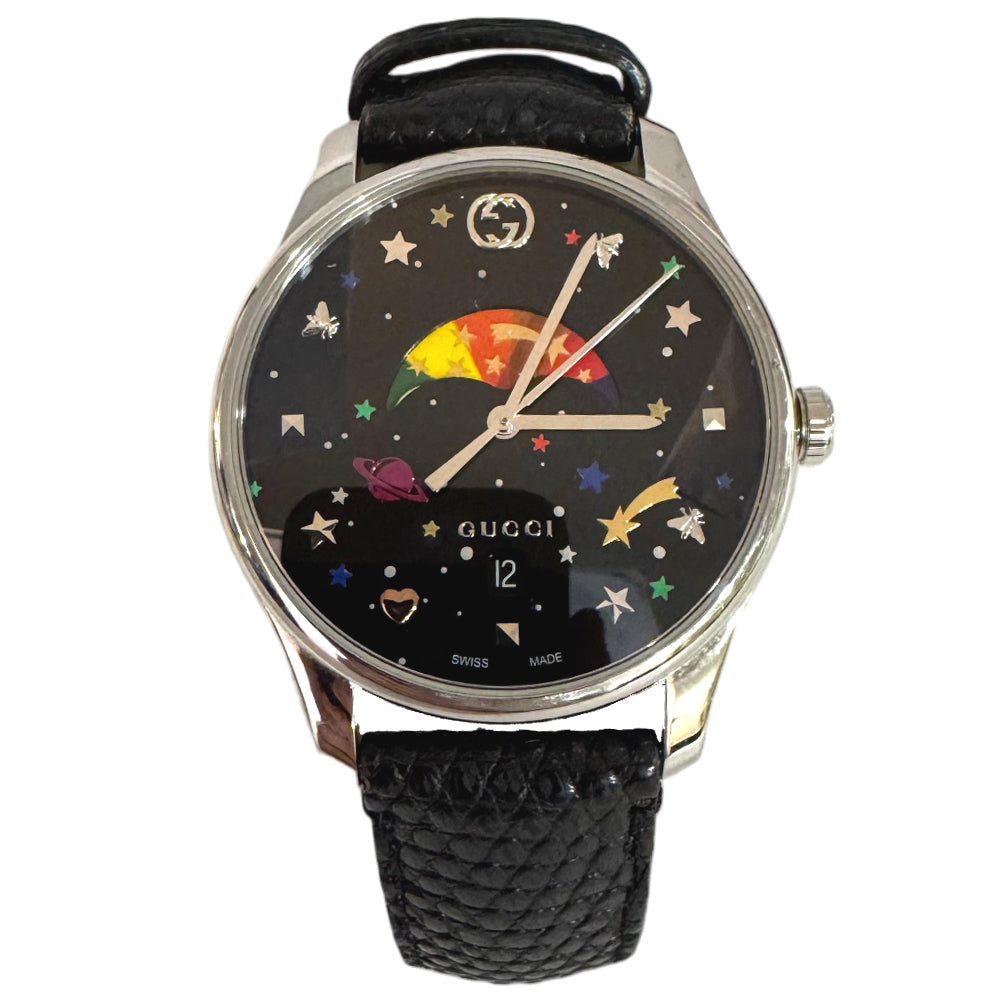GUCCI G Timeless Moonphase Black Leather Steel Men's Quartz Watch LHQ1047
