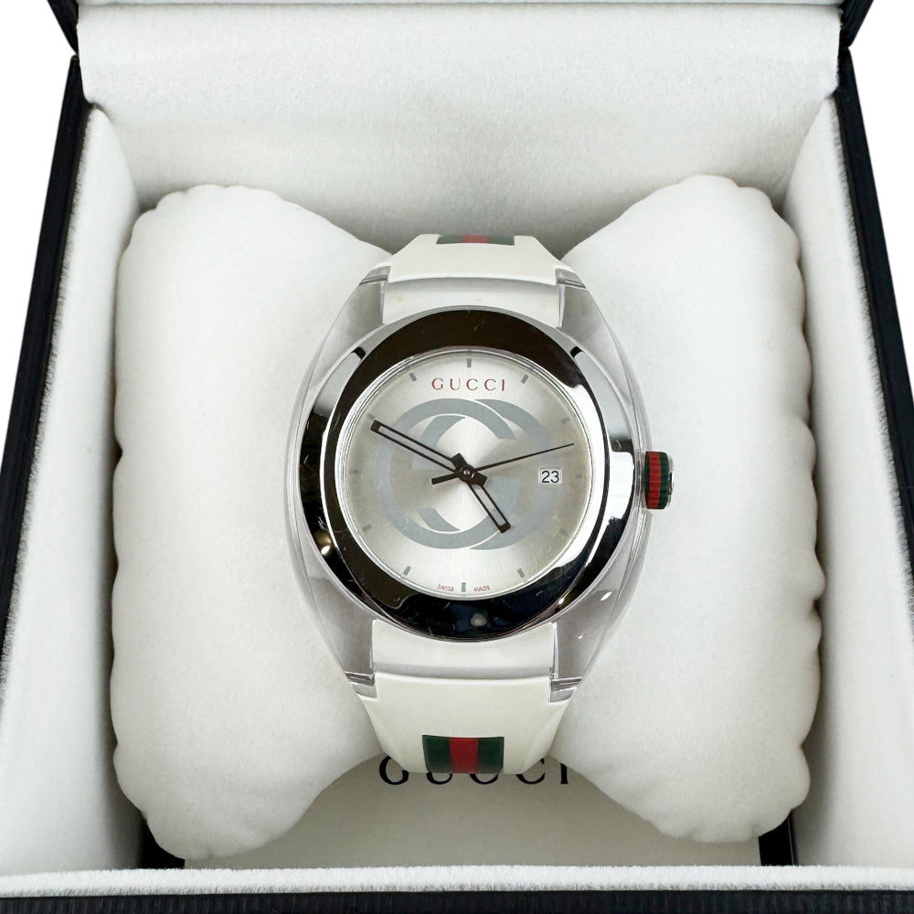 GUCCI Sync Sherry Line Silver Steel White Strap Men's Quartz Watch LHQ1048