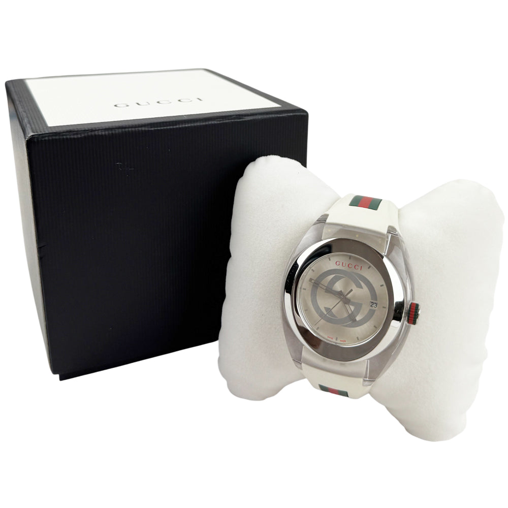GUCCI Sync Sherry Line Silver Steel White Strap Men's Quartz Watch LHQ1048