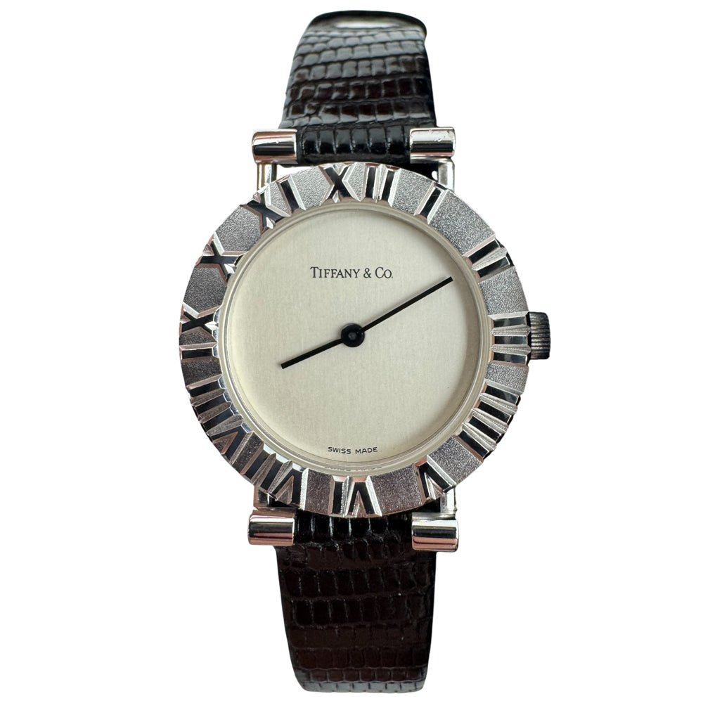 TIFFANY & Co Ladies Atlas 925 Silver Black Strap Watch LHQ1077