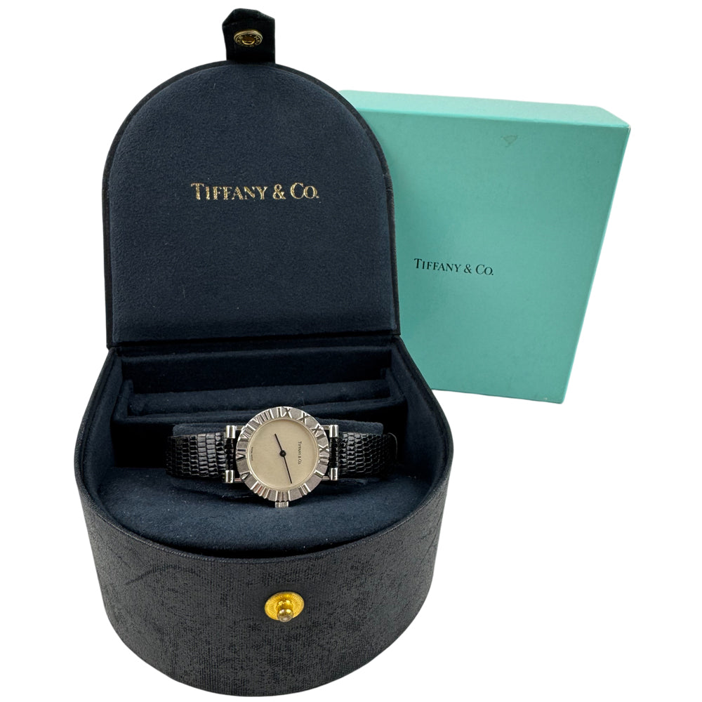 TIFFANY & Co Ladies Atlas 925 Silver Black Strap Watch LHQ1077