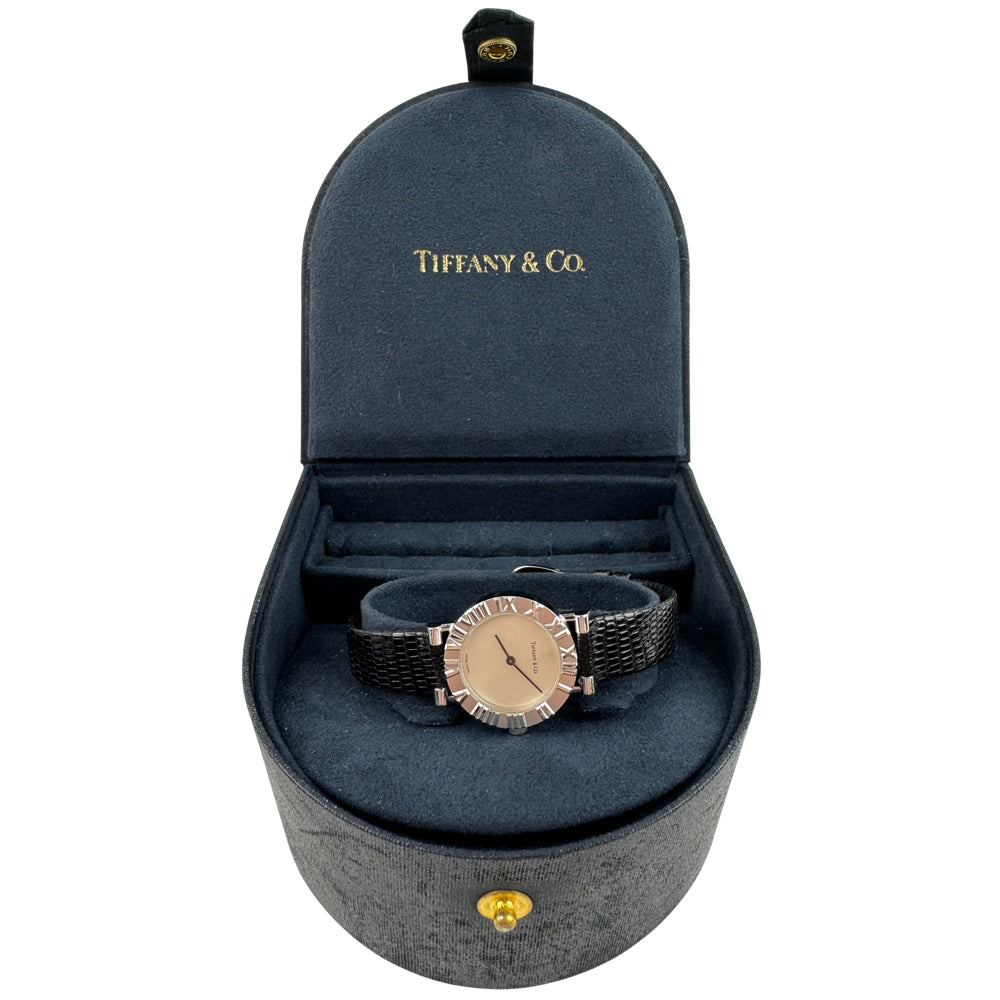 TIFFANY & Co Ladies Atlas 925 Silver Black Strap Watch LHQ1077