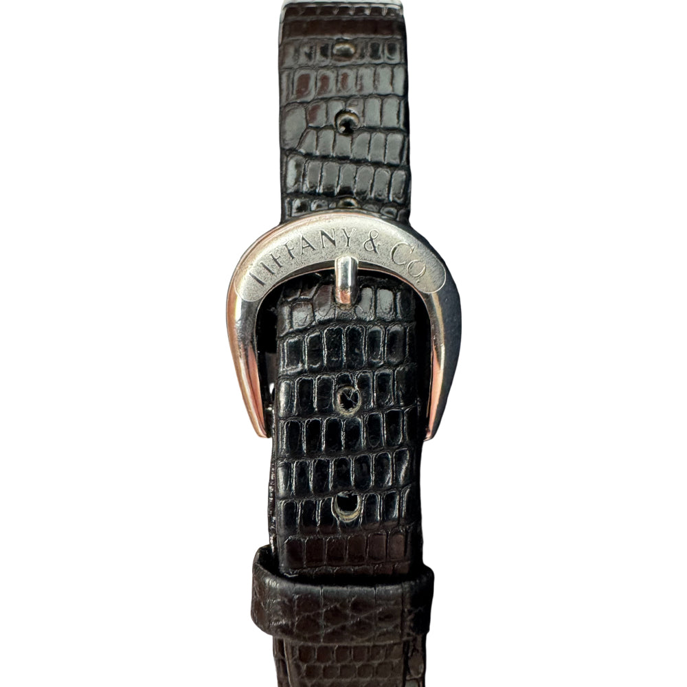 TIFFANY & Co Ladies Atlas 925 Silver Black Strap Watch LHQ1077