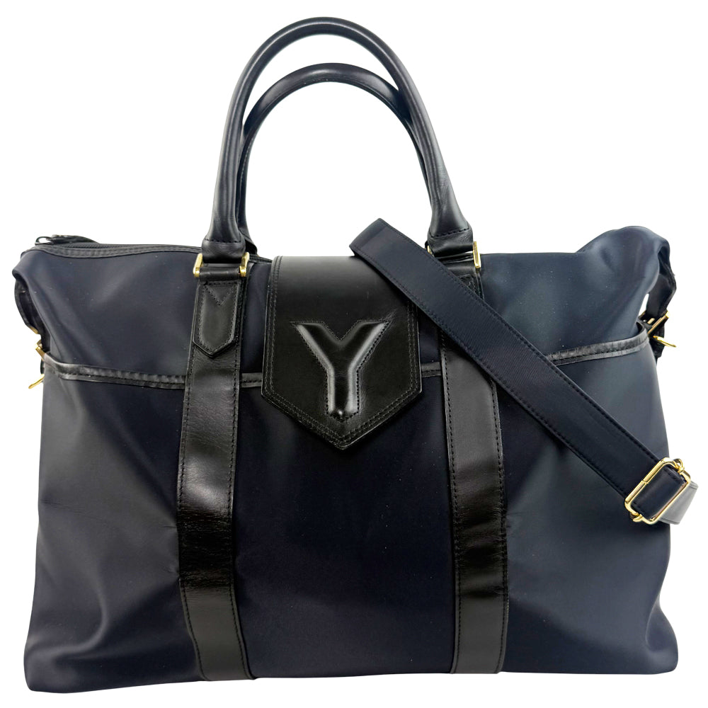 YSL Yves Saint Laurent Y Line 2 Way Nylon & Leather Boston Shoulder Bag LHQ1079