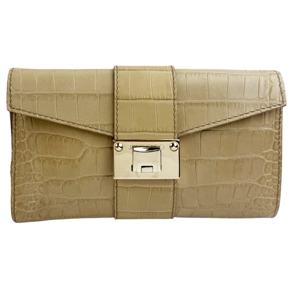 JIMMY CHOO Cream Crocodile Leather Clutch Pochette Bag LHQ1082