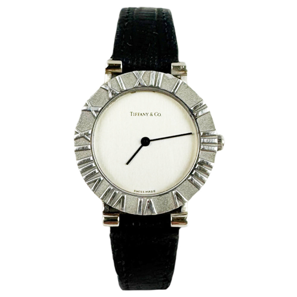 TIFFANY & Co Ladies Atlas 925 Silver Black Strap Watch LHQ1099