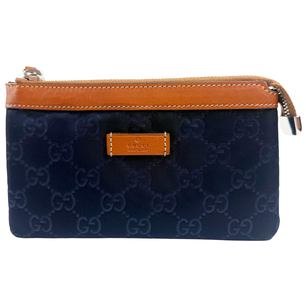 GUCCI GG Supreme Navy & Brown Leather Clutch Pouch LHQ1107