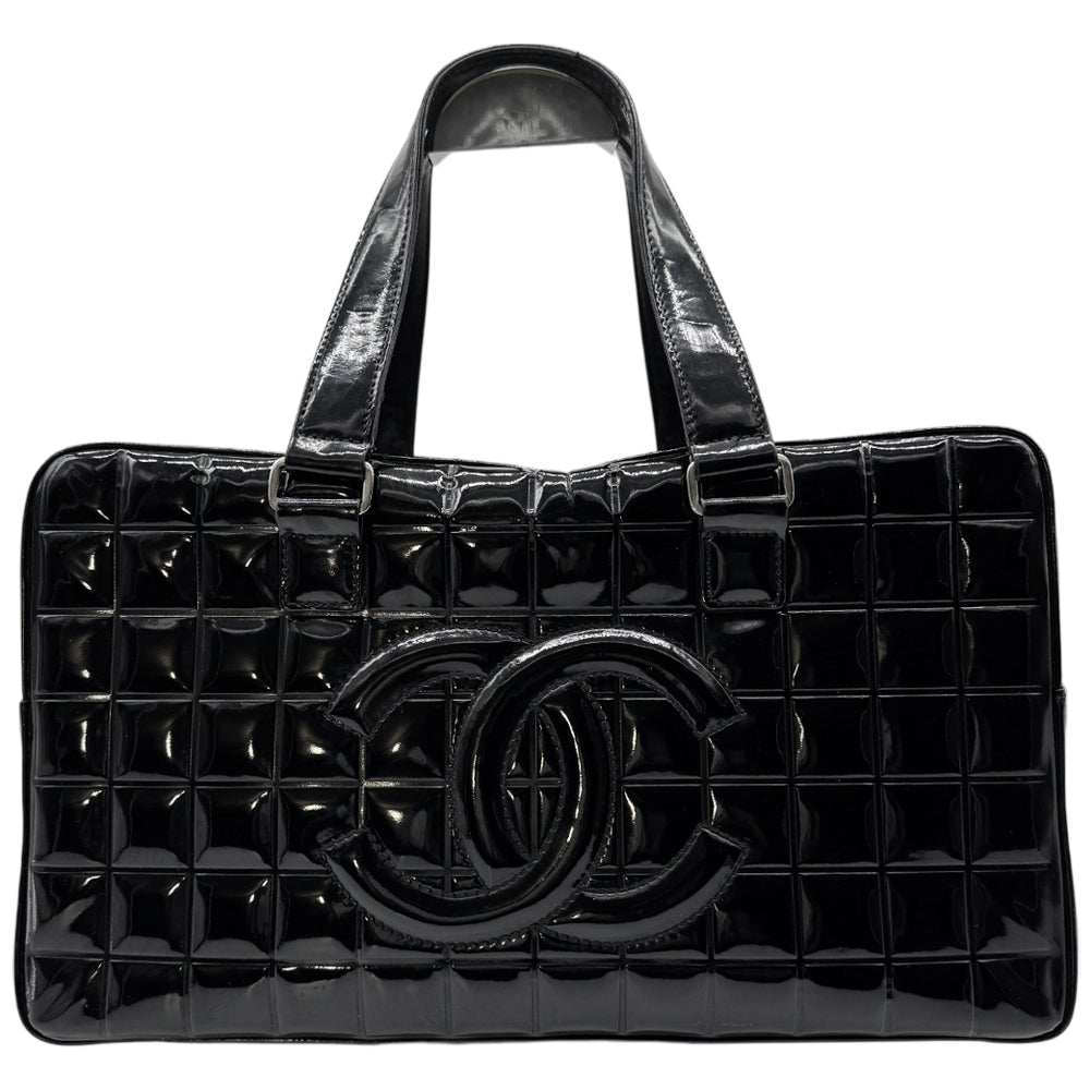 CHANEL Black Patent Leather Chocolate Bar Boston Bag LHQ1126
