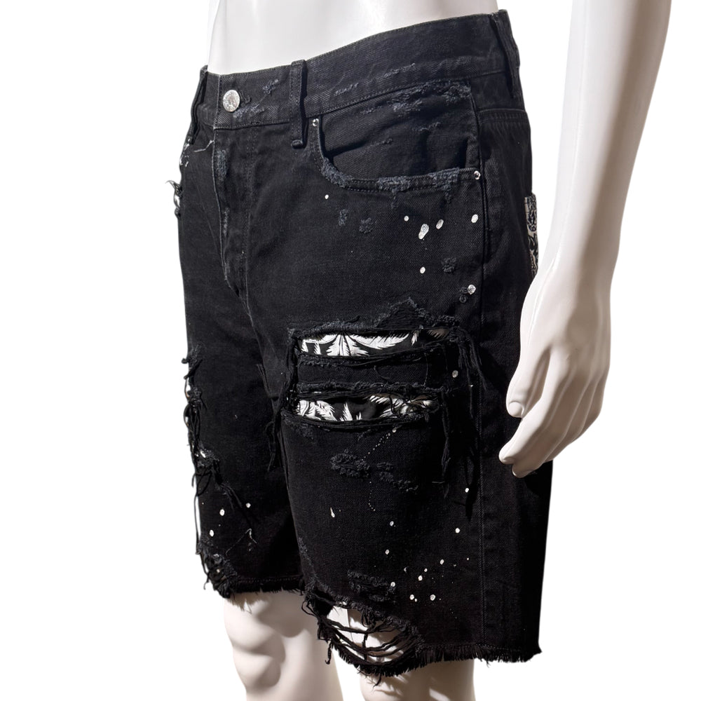 AMIRI DISTRESSED EFFECT BLACK DENIM MENS SHORTS SIZE 32W LHQ1139