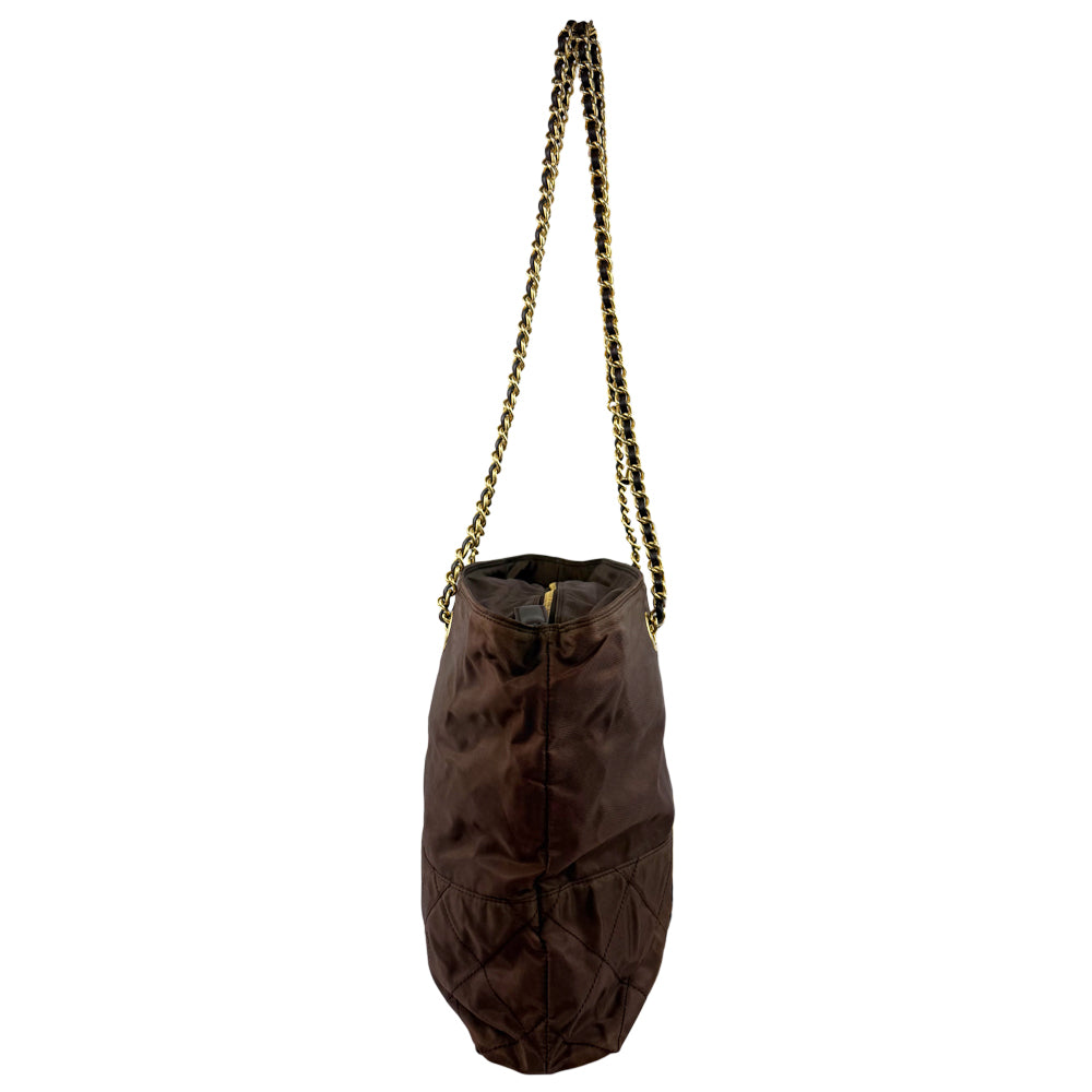 PRADA Quilted Brown Nylon Gold Chain Shoulder Bag LHQ1178