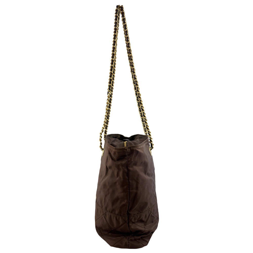 PRADA Quilted Brown Nylon Gold Chain Shoulder Bag LHQ1178