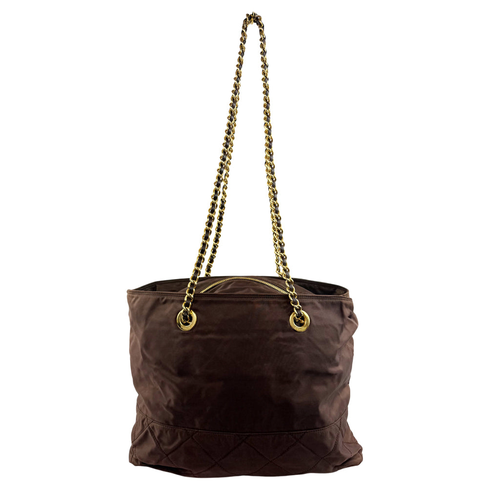 PRADA Quilted Brown Nylon Gold Chain Shoulder Bag LHQ1178