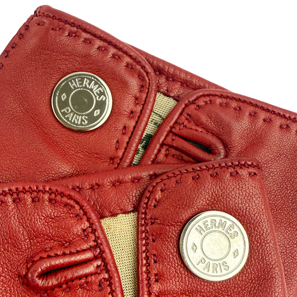 HERMES Red Leather Ladies Gloves Size 6.5 LHQ1228
