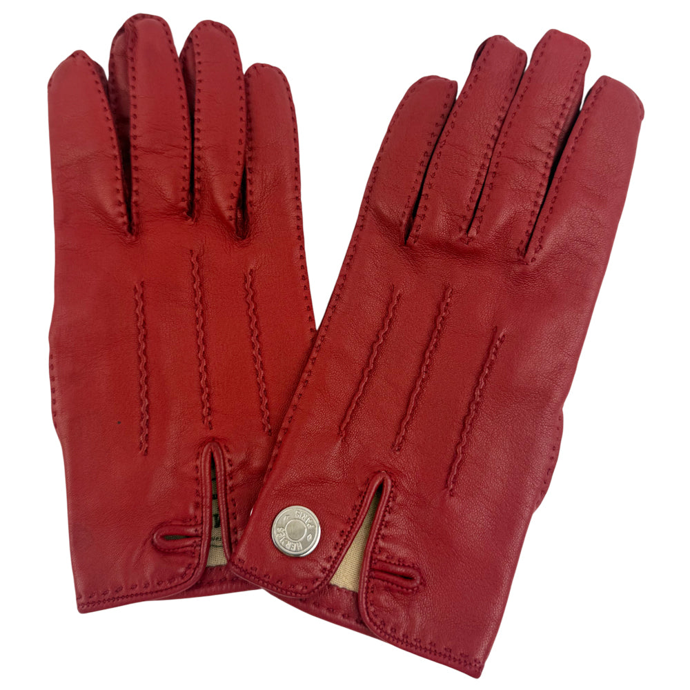 HERMES Red Leather Ladies Gloves Size 6.5 LHQ1228